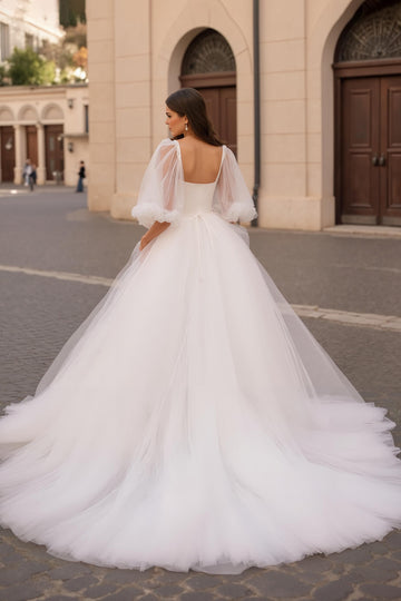 Court Train A-Line Ivory Wedding Dress With Half Sleeves